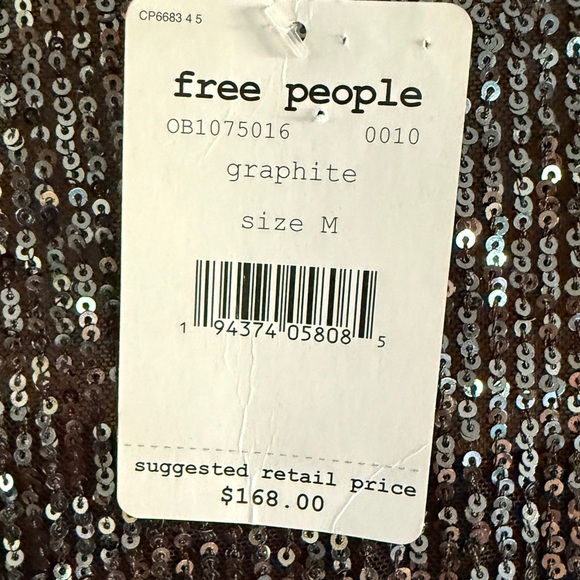FREE PEOPLE Sequin GISELLE Drawstring Ruche Hem Graphite Mini Dress Medium NWT - Picture 11 of 11